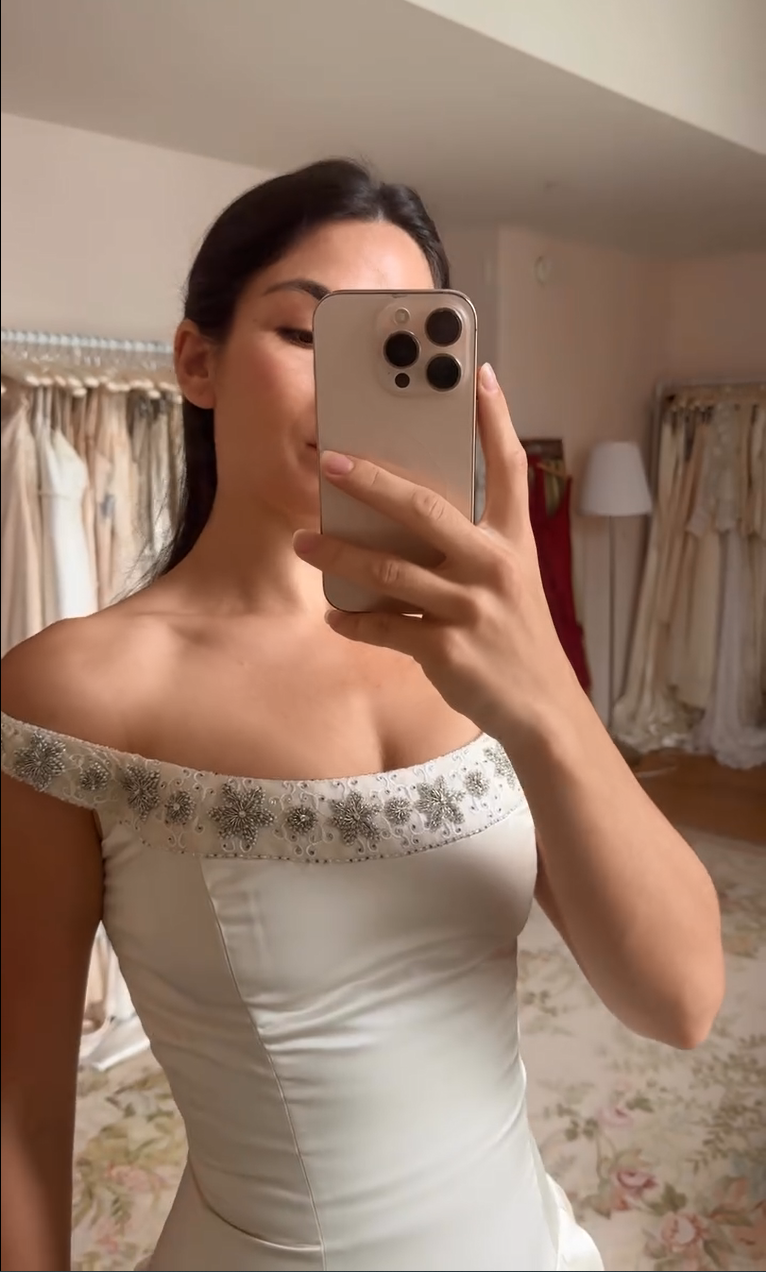 Off-the-Shoulder Beaded Neckline Satin Wedding Dress