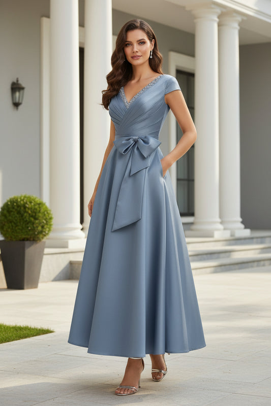 Satin A-Line Dress with Bow Waist and Pockets