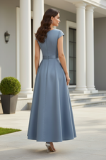 Satin A-Line Dress with Bow Waist and Pockets