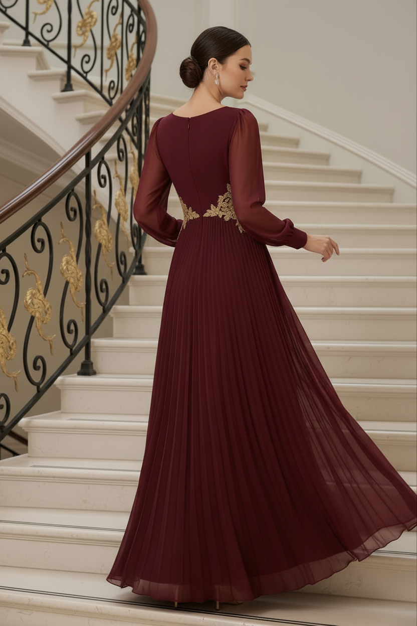 Lace Applique Pleated Maxi Dress with Bishop Sleeves