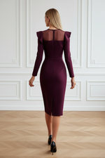 Midi Sheath Dress with Mesh Yoke & Shoulder Ruffles