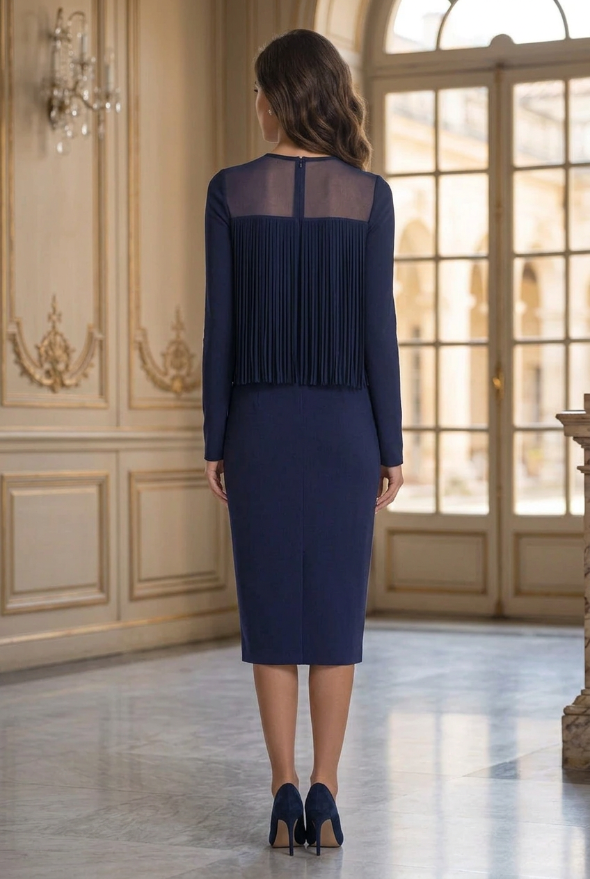 Pleated Fringe Overlay Midi Sheath Dress