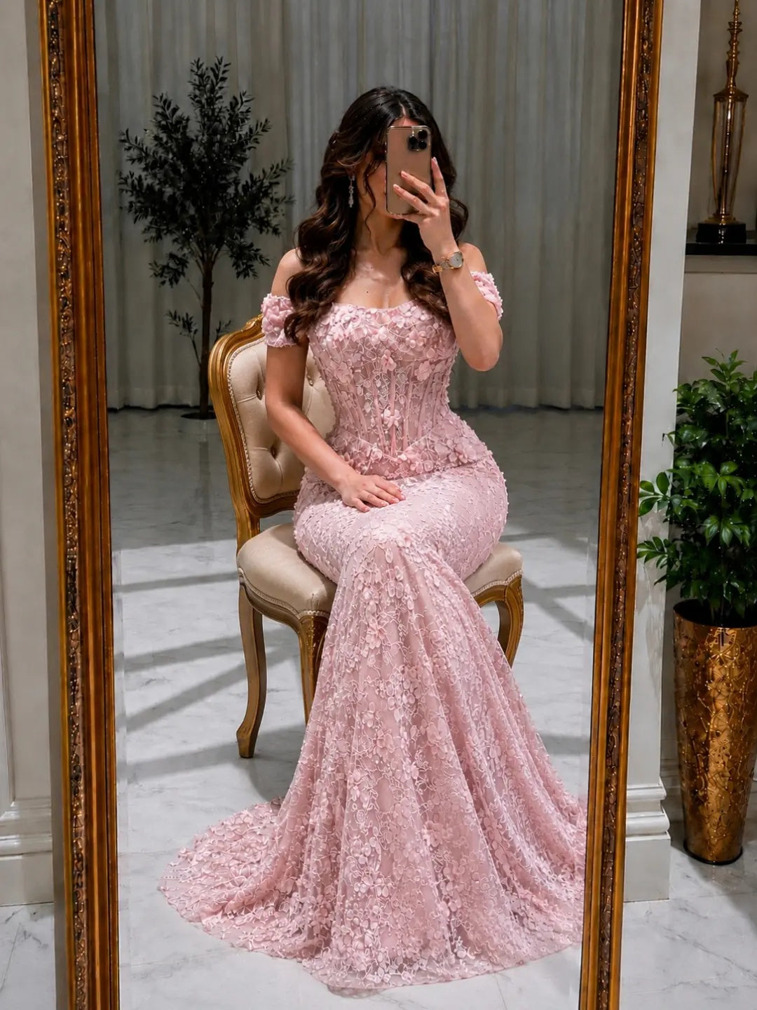 Off-the-Shoulder Corset 3D Floral Mermaid Gown