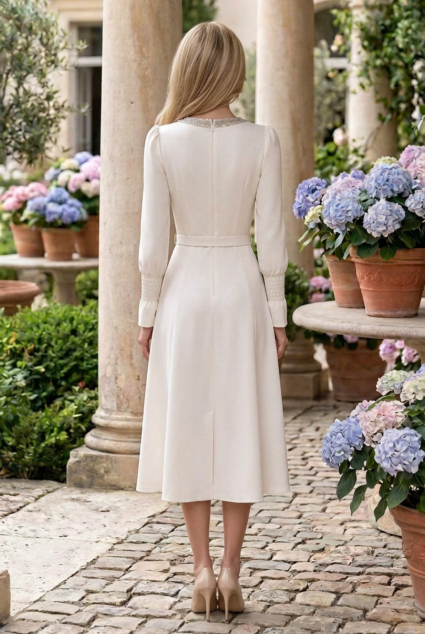 V-Neck Midi Dress with Embellished Trim & Belt