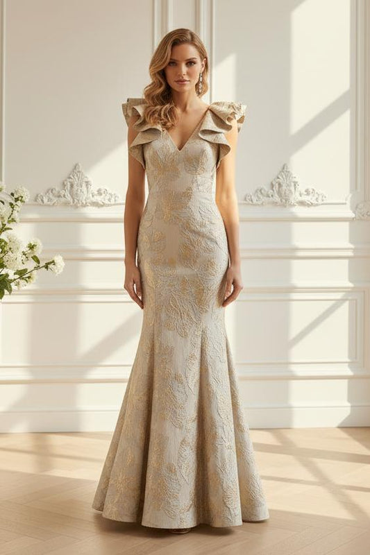 Floral Jacquard Mermaid Gown with Ruffle Sleeves