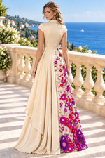 Collared Wrap A-Line Gown with Floral Embroidery