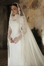 High-Neck Lace Wedding Dress with Long Sleeves