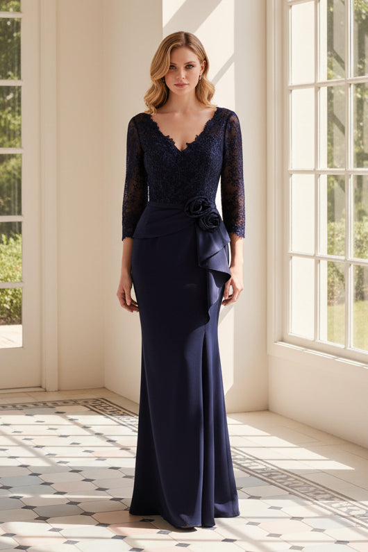 Lace 3/4 Sleeve Peplum Gown with Slit