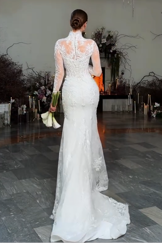 High Neck Lace Mermaid Wedding Dress with 3D Flowers