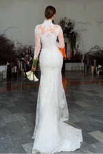 High Neck Lace Mermaid Wedding Dress with 3D Flowers