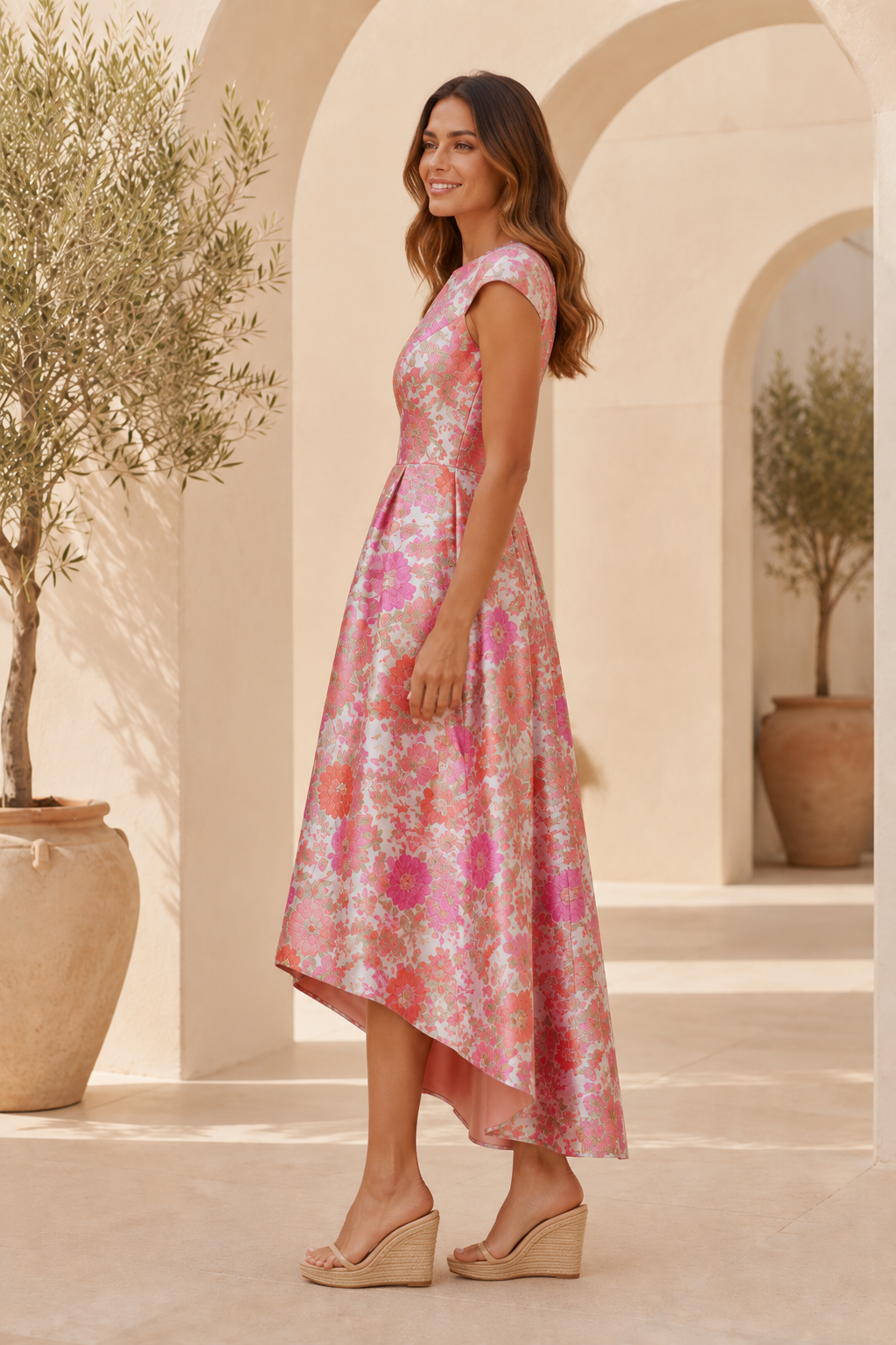 Floral Jacquard High-Low Cap Sleeve Dress