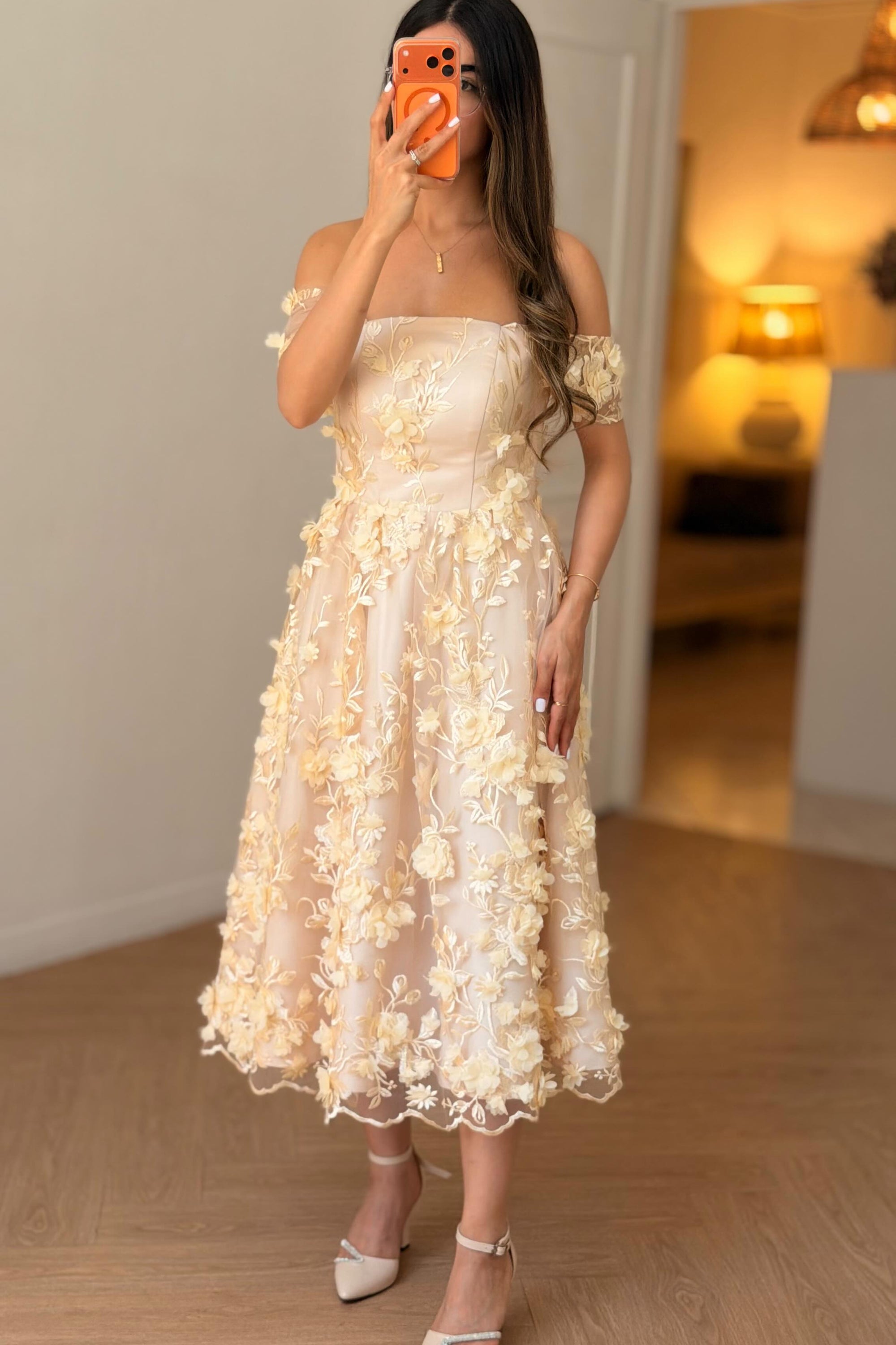 3D Floral Applique Off-the-Shoulder Midi Dress
