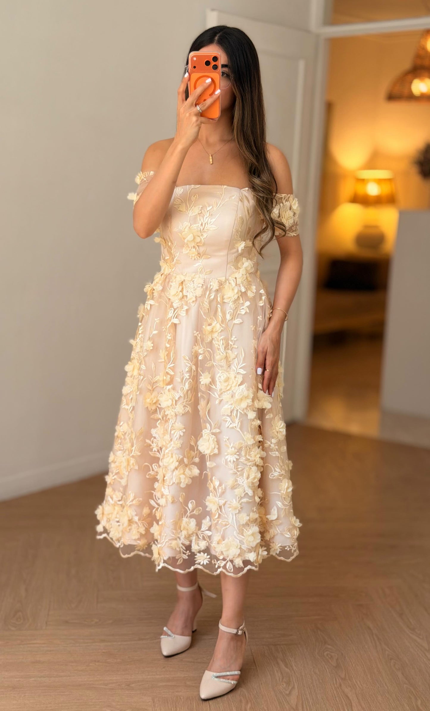 3D Floral Applique Off-the-Shoulder Midi Dress