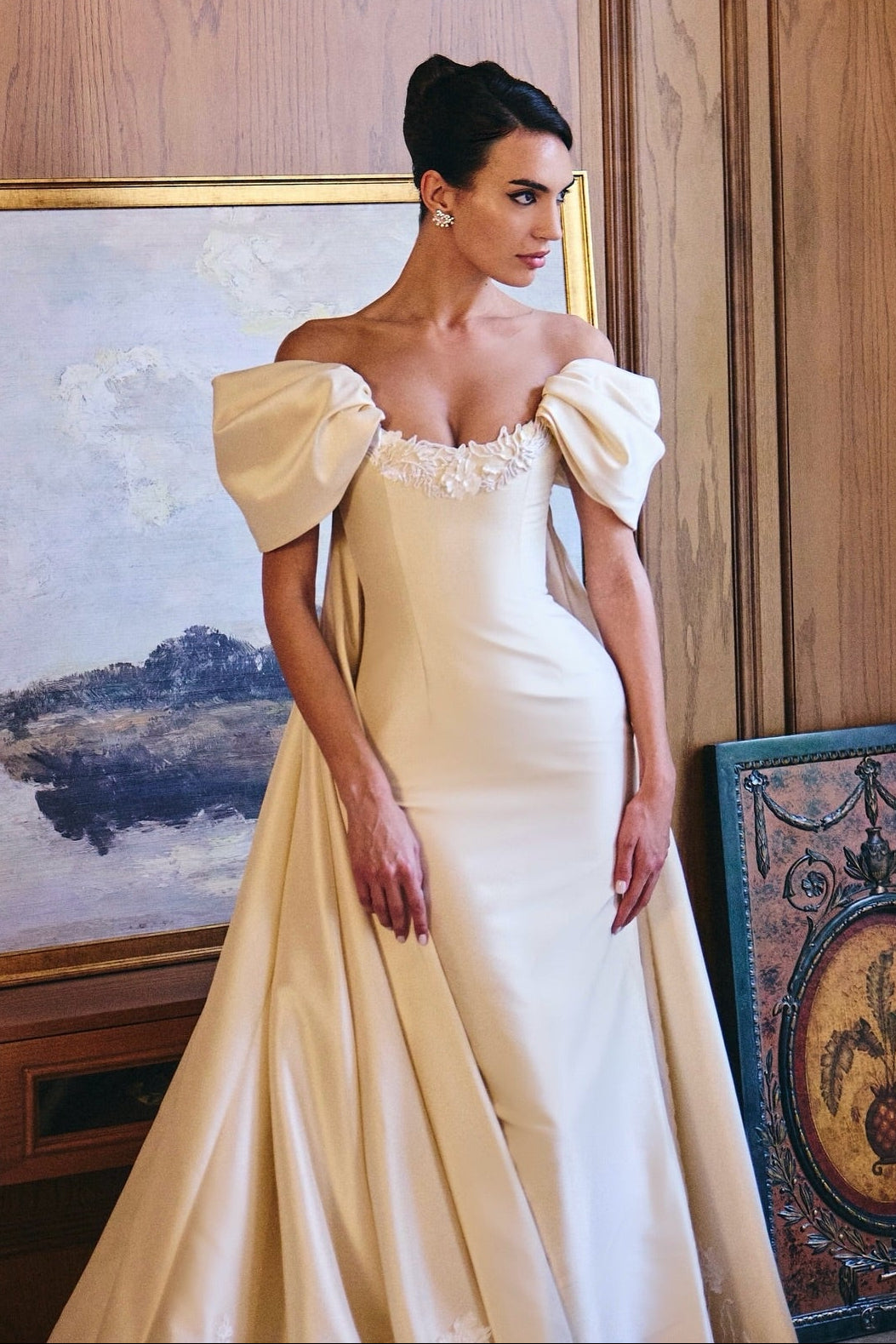 Off-the-Shoulder Satin Wedding Dress with Watteau Train