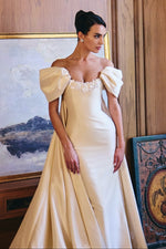 Off-the-Shoulder Satin Wedding Dress with Watteau Train