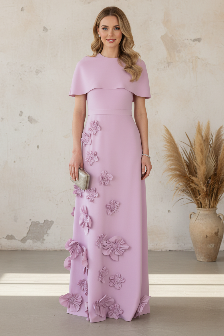 Elegant Crepe Capelet Gown with 3D Floral Embellishments