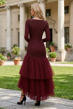 Square Neck Glitter Mermaid Dress with Tiered Tulle Skirt