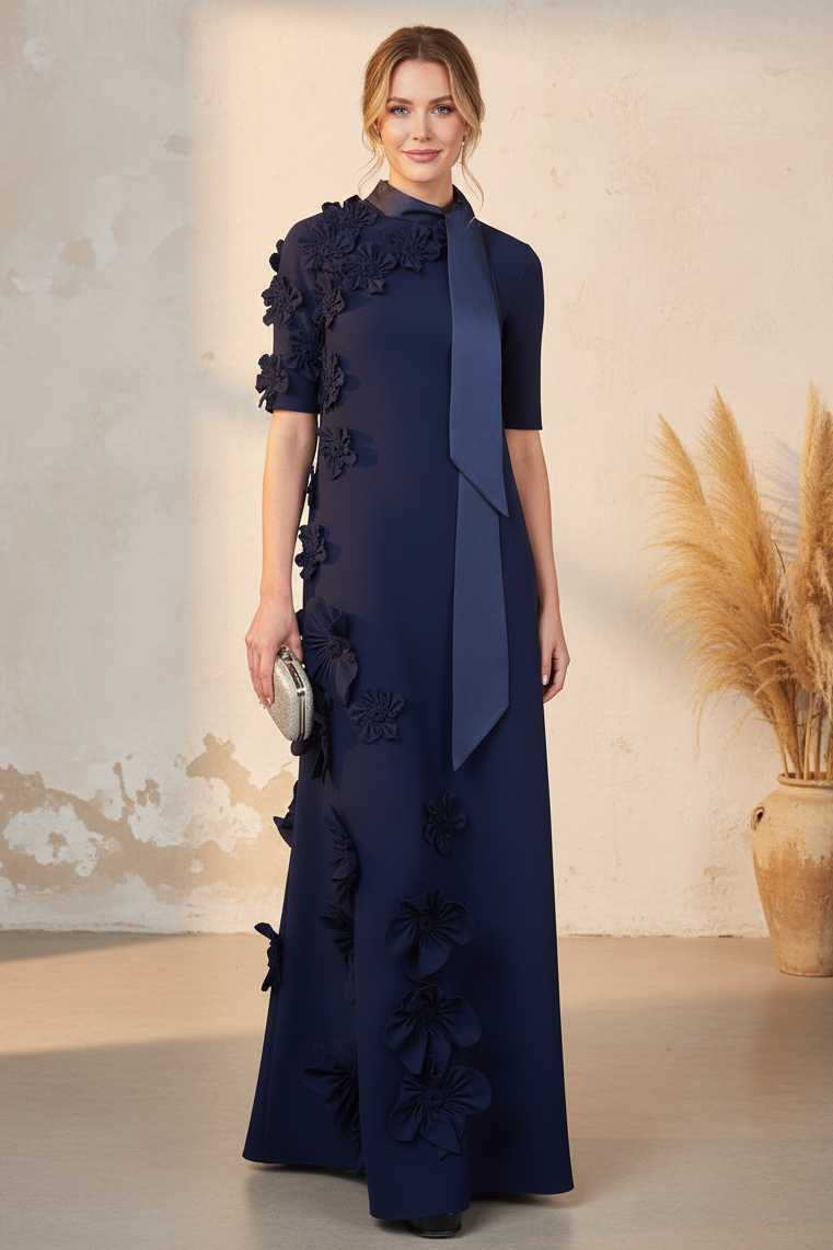 Elegant Navy Blue Column Formal Gown with 3D Florals and Tie Neck