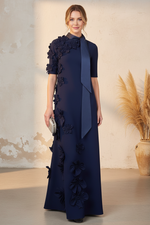 Elegant Navy Blue Column Formal Gown with 3D Florals and Tie Neck