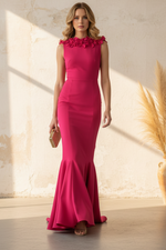 Magenta 3D Floral Neckline Mermaid Evening Dress