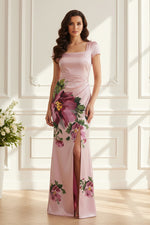 Floral Print Satin Sheath Gown with High Slit