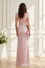 Floral Print Satin Sheath Gown with High Slit