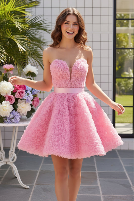 Sweetheart Strapless 3D Floral Mini Dress
