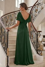 Twist-Front V-Neck Satin A-Line Maxi Dress