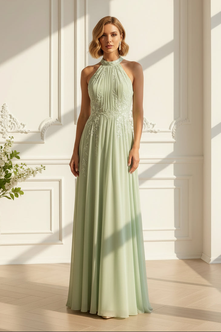 Embroidered Halter Chiffon A-Line Maxi Dress