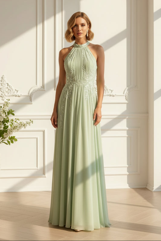 Embroidered Halter Chiffon A-Line Maxi Dress