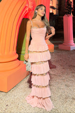 Tiered Ruffled Gown with Crystal Straps and Embellishment