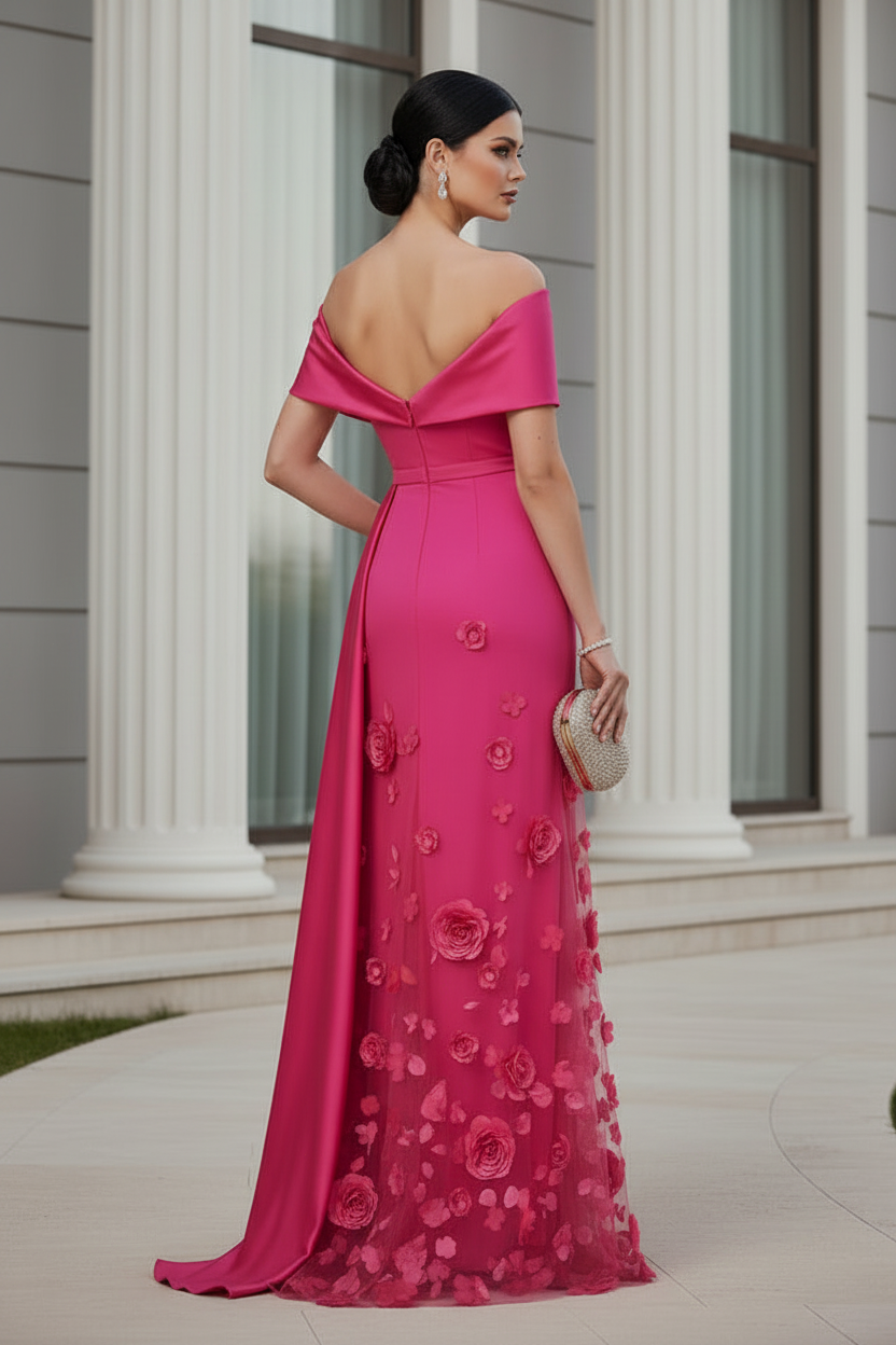 Off-Shoulder Floral Applique Evening Gown