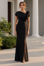 Feather Accent Pleated Trumpet Gown