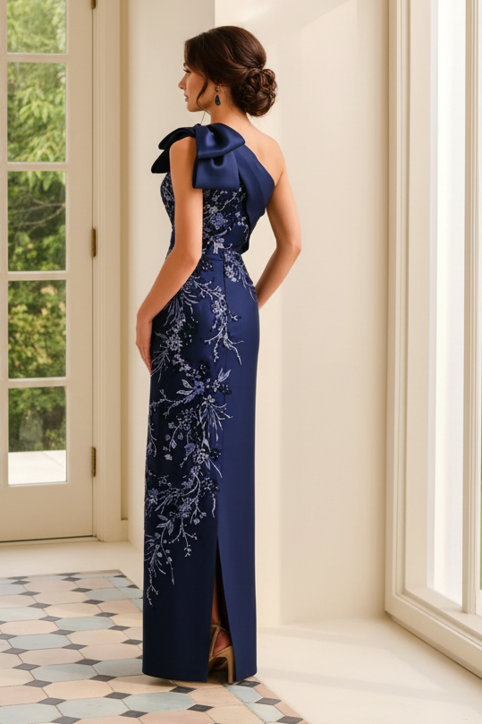 One-Shoulder Floral Appliqué Evening Gown