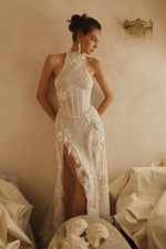 Halter Neck Lace Corset Wedding Dress with High Slit
