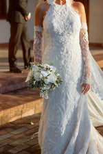 Halter Lace Mermaid Wedding Dress with Sleeves