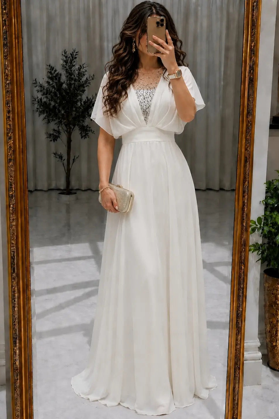 Beaded Illusion V-Neck Chiffon Maxi Dress
