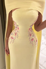 Cape Formal Gown with Side Floral Embroidery