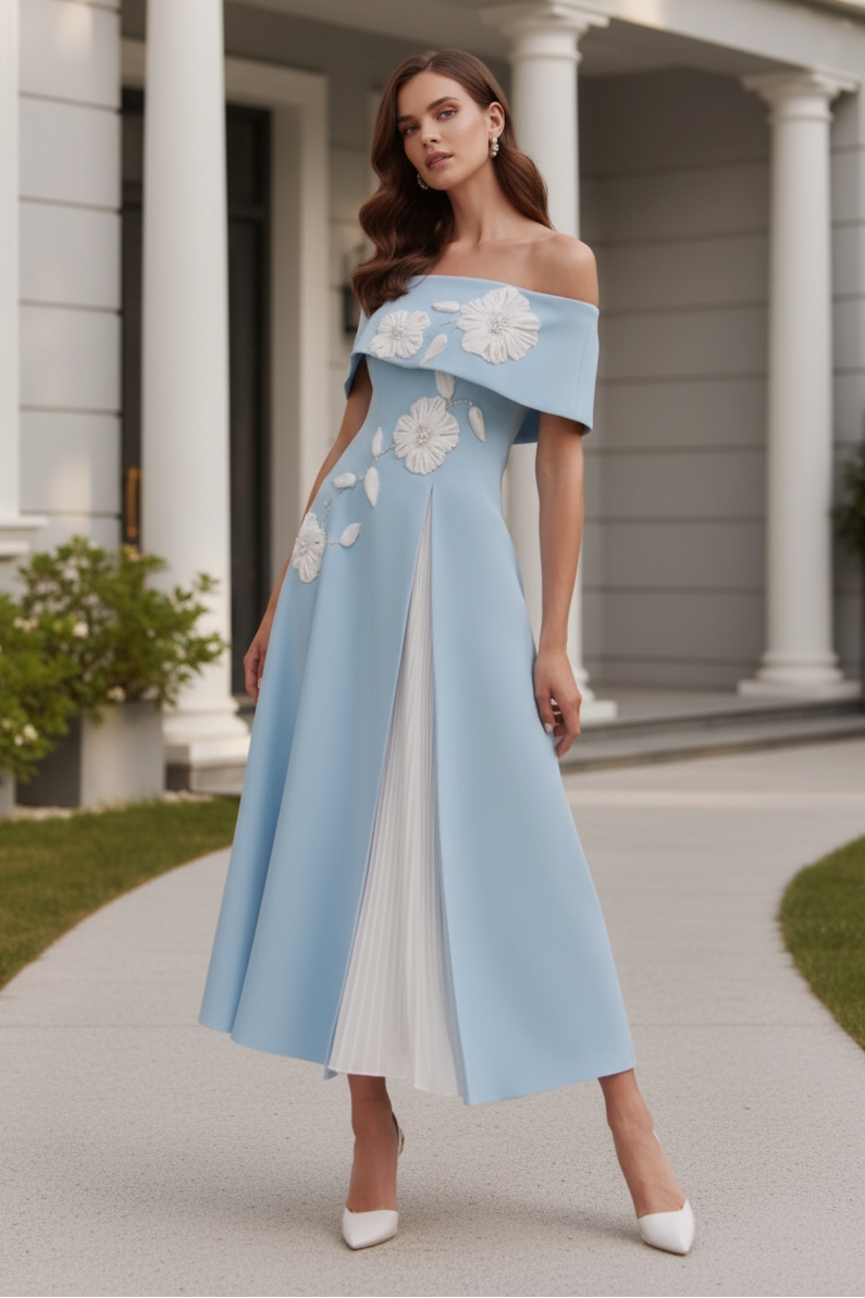 Floral Applique Off Shoulder Midi Dress