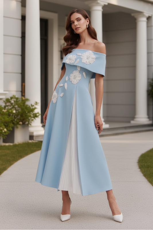 Floral Applique Off Shoulder Midi Dress