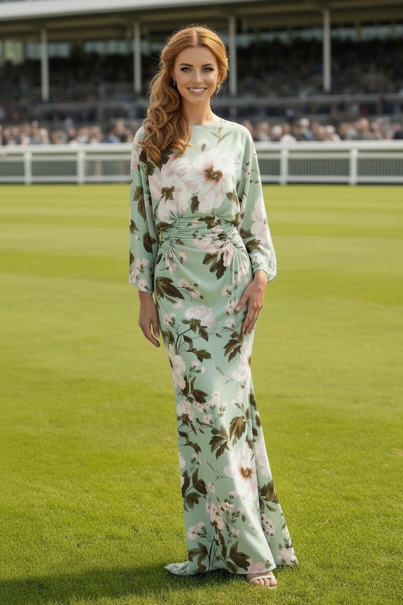 Floral Print Bateau Neck Trumpet Gown