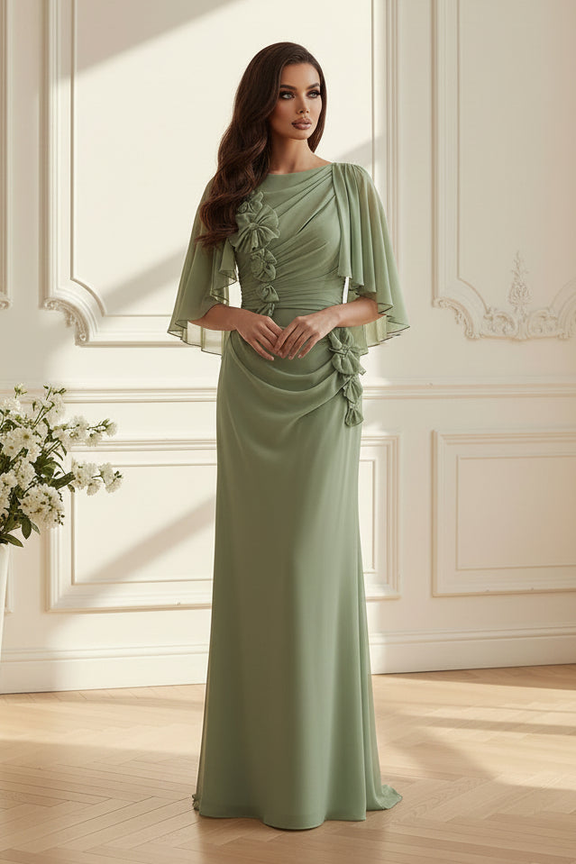 Chiffon Cape Sleeve Gown with 3D Floral Appliques