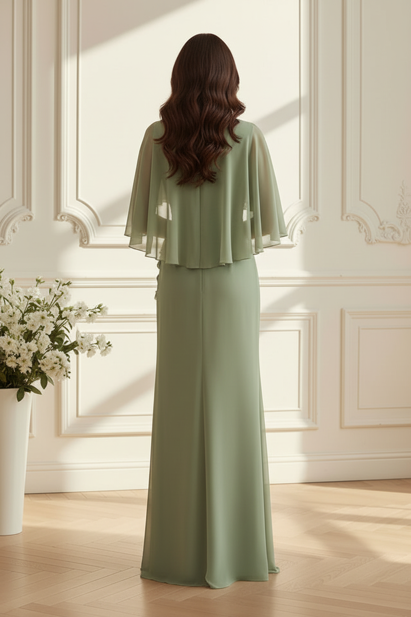 Chiffon Cape Sleeve Gown with 3D Floral Appliques