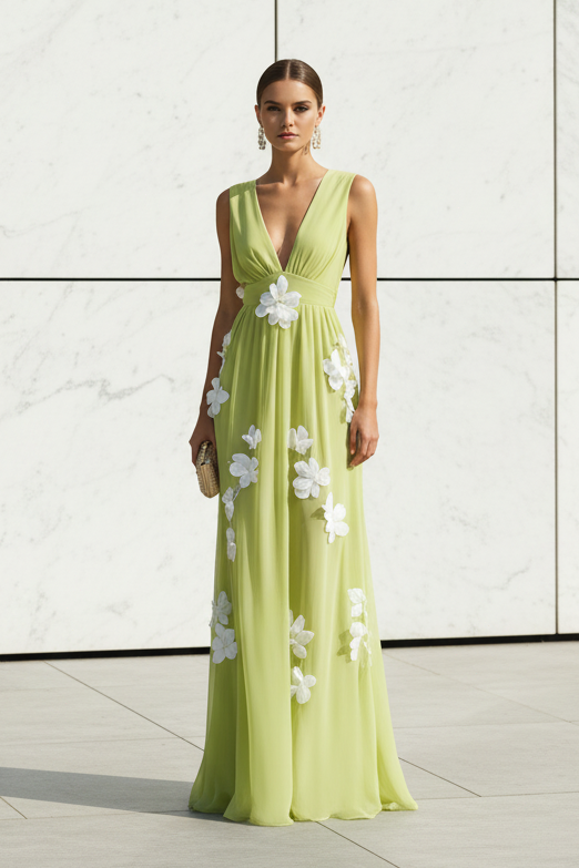 Deep V-Neck 3D Floral Chiffon Maxi Dress