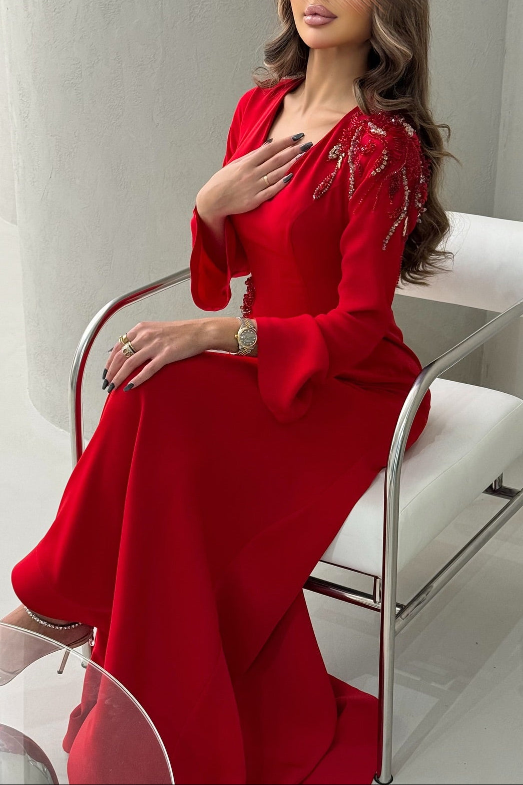 Beaded Shoulder V-Neck Evening Gown
