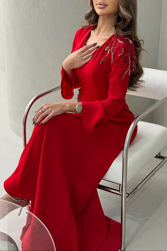 Beaded Shoulder V-Neck Evening Gown