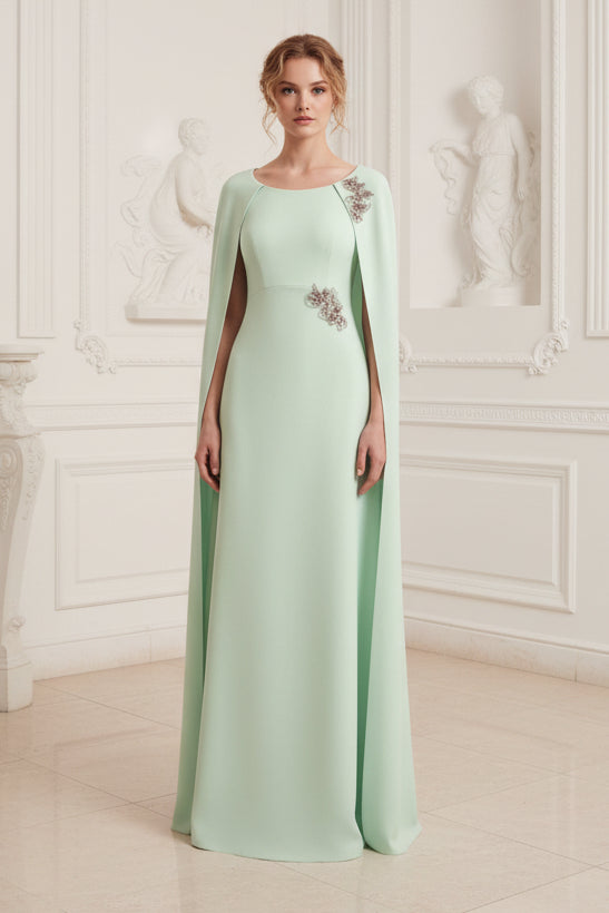 Elegant Cape Column Evening Gown with Beaded Appliques