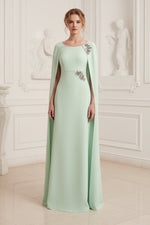 Elegant Cape Column Evening Gown with Beaded Appliques