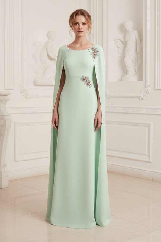Elegant Cape Column Evening Gown with Beaded Appliques