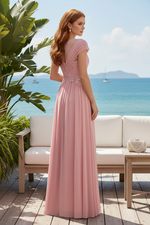 Illusion Neck Lace Applique A-Line Chiffon Evening Gown